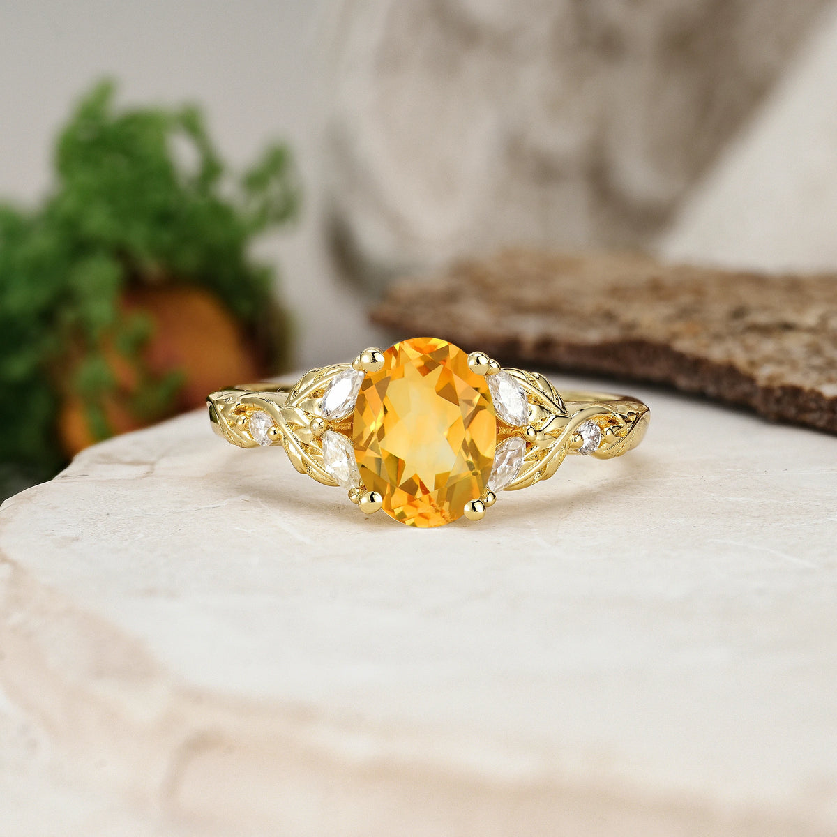 Oval Cut Citrine Botanical Leaf Vine Engagement Ring with Marquise Side Stones