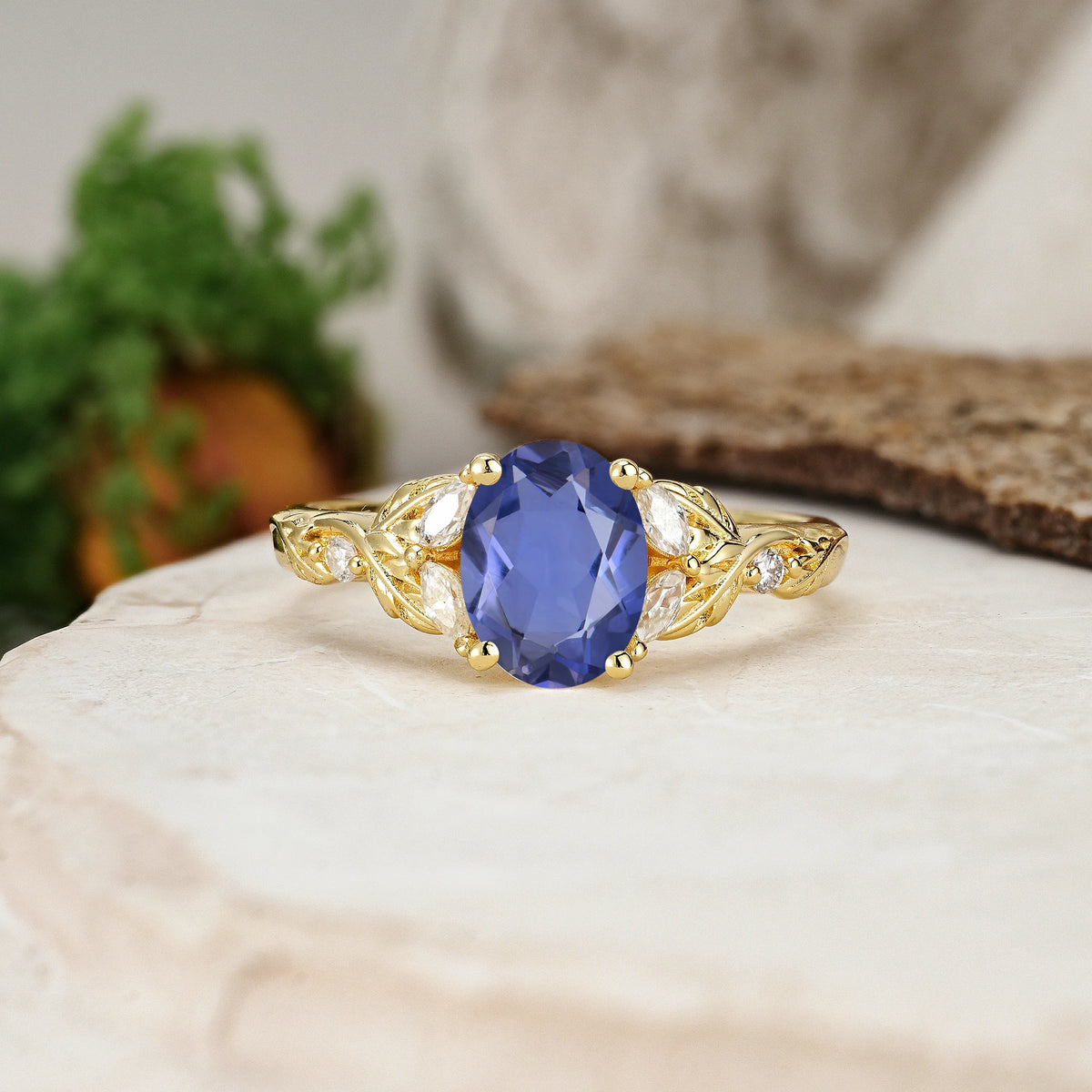 Oval Cut Tanzanite Botanical Leaf Vine Engagement Ring with Marquise Side Stones