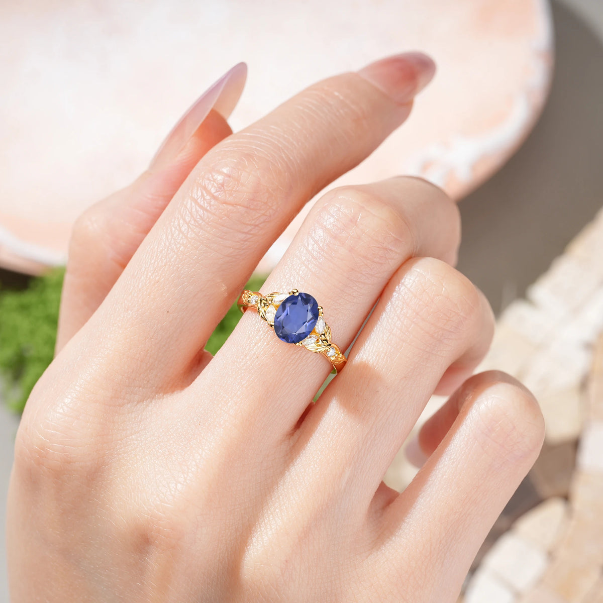 Oval Cut Tanzanite Botanical Leaf Vine Engagement Ring with Marquise Side Stones