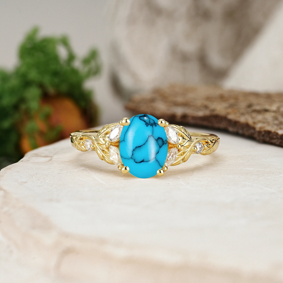 Oval Cut Turquoise Botanical Leaf Vine Engagement Ring with Marquise Side Stones