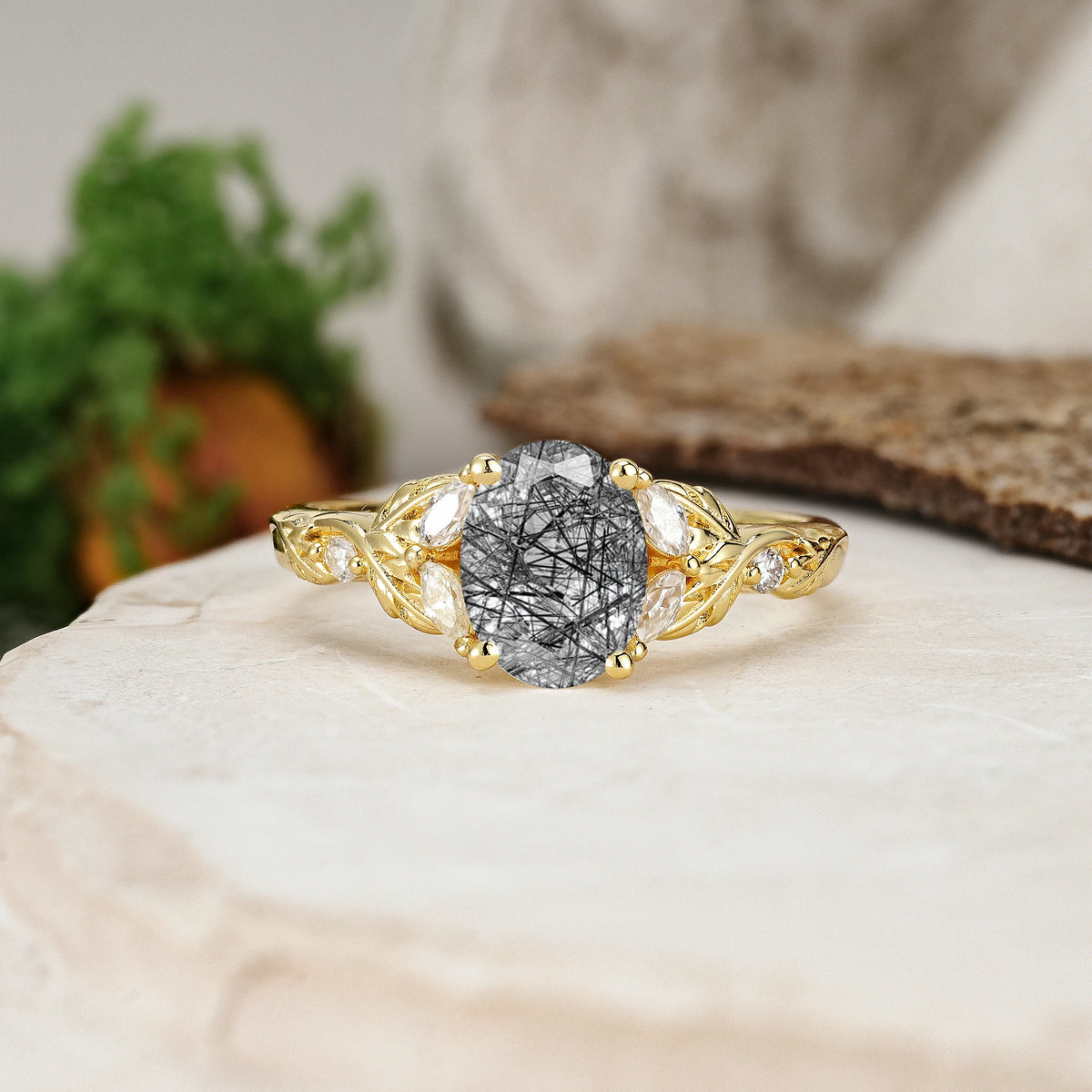 Oval Cut Black Rutilated Quartz Botanical Leaf Vine Engagement Ring with Marquise Side Stones