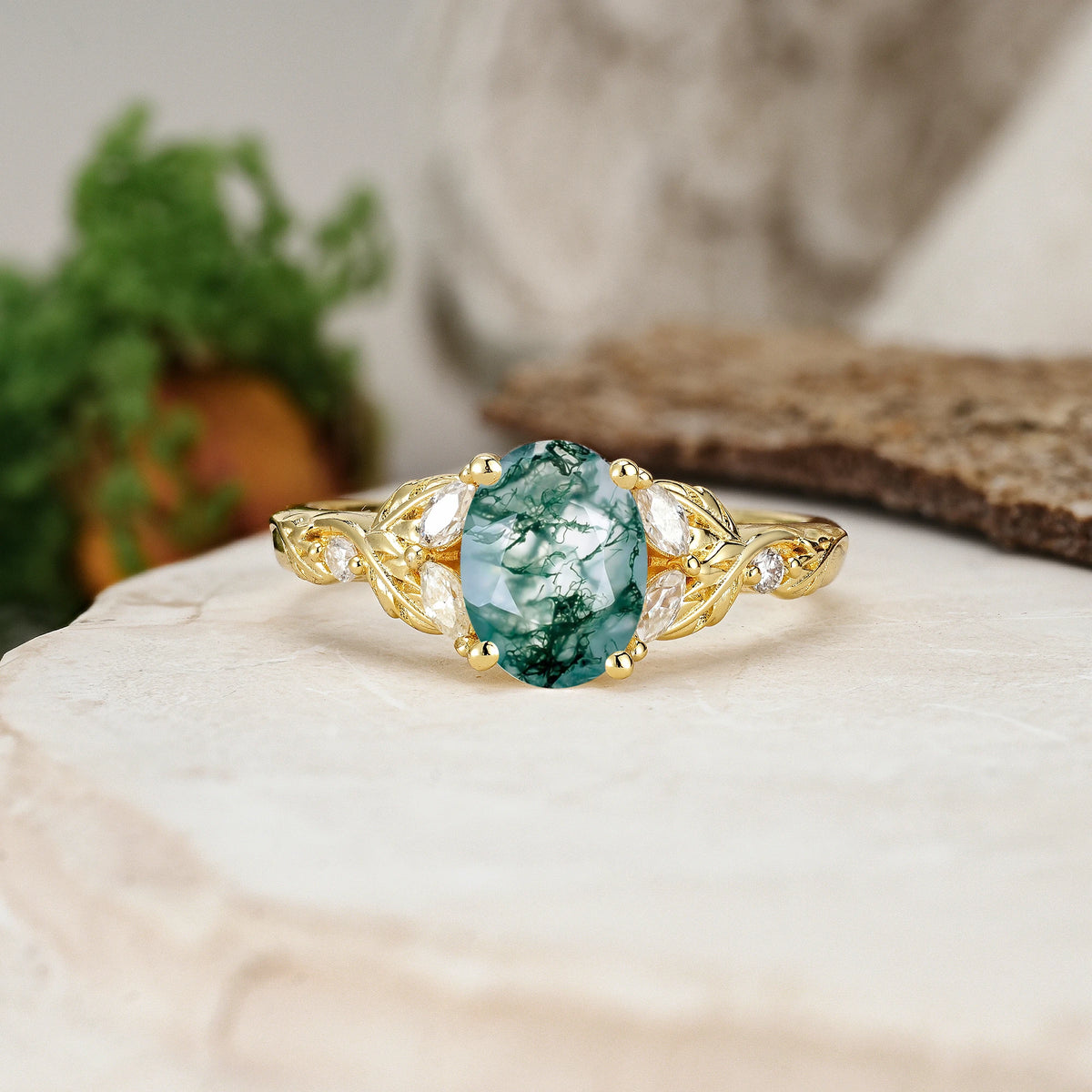 Oval Cut Moss Agate Botanical Leaf Vine Engagement Ring with Marquise Side Stones