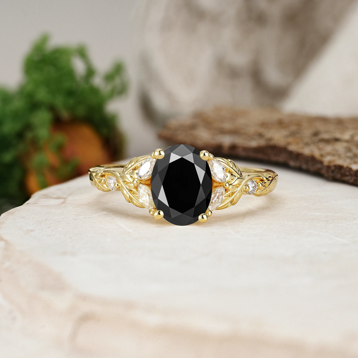 Oval Cut Black Onyx Botanical Leaf Vine Engagement Ring with Marquise Side Stones