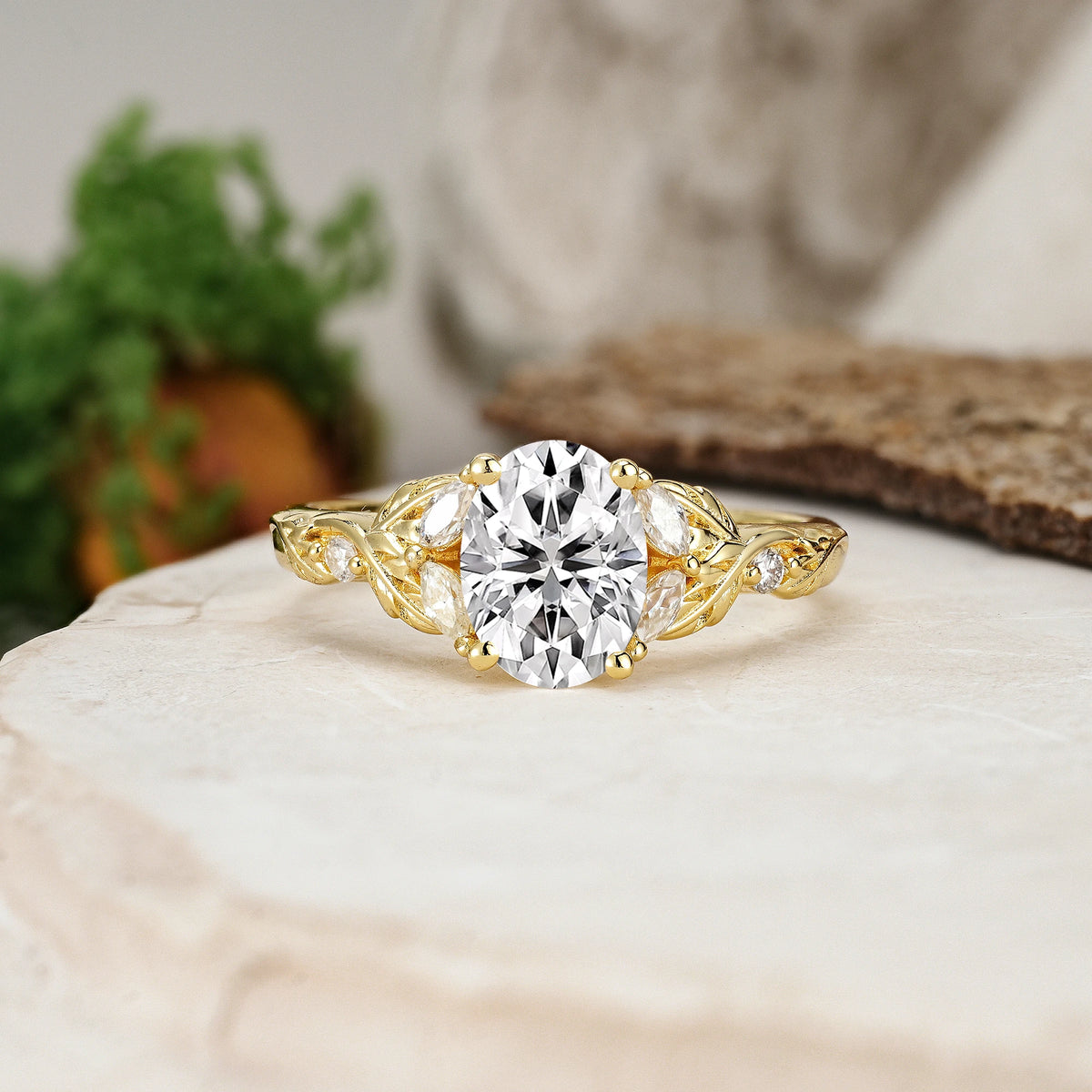 Oval Cut Lab Diamond Botanical Leaf Vine Engagement Ring with Marquise Side Stones