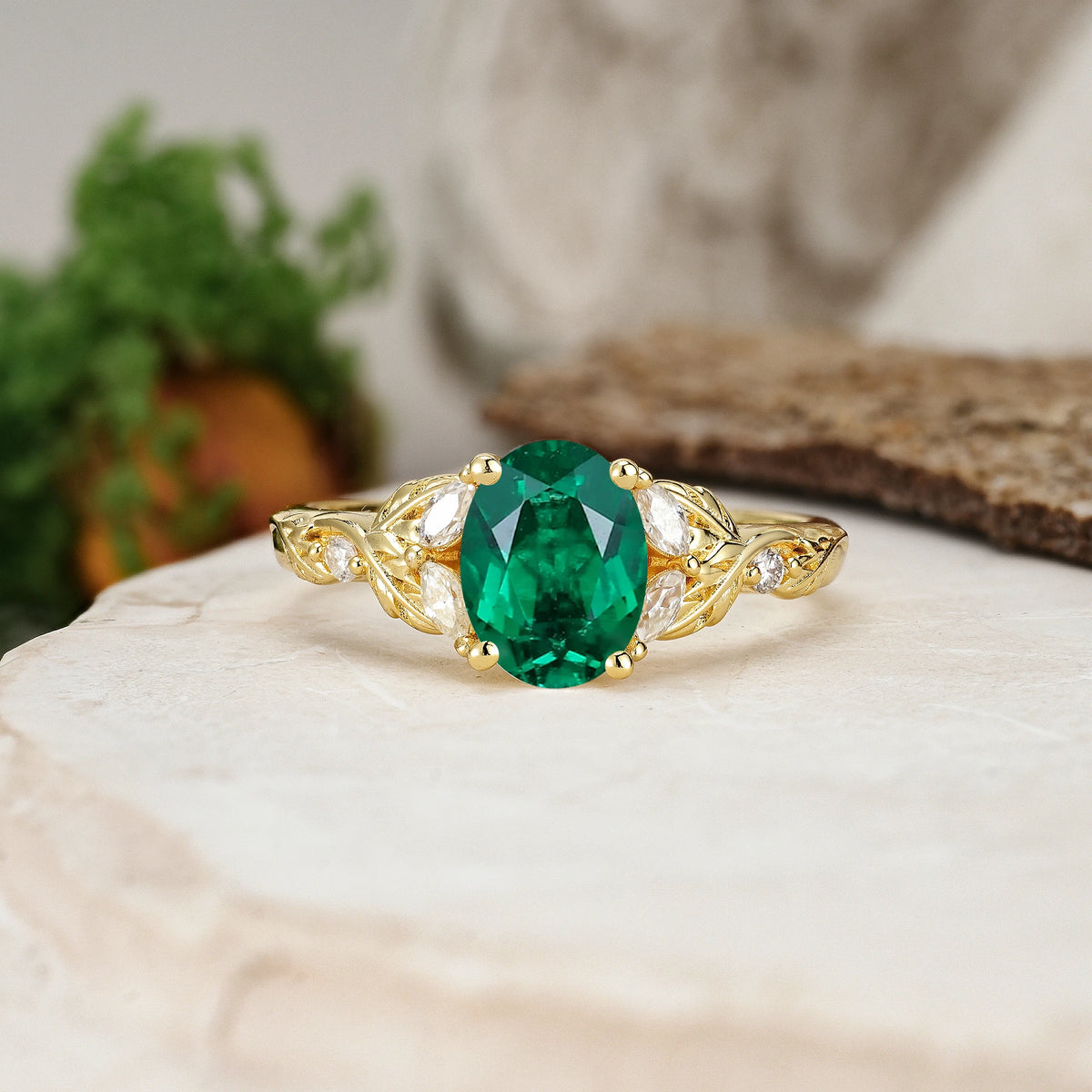 Oval Cut Emerald Botanical Leaf Vine Engagement Ring with Marquise Side Stones