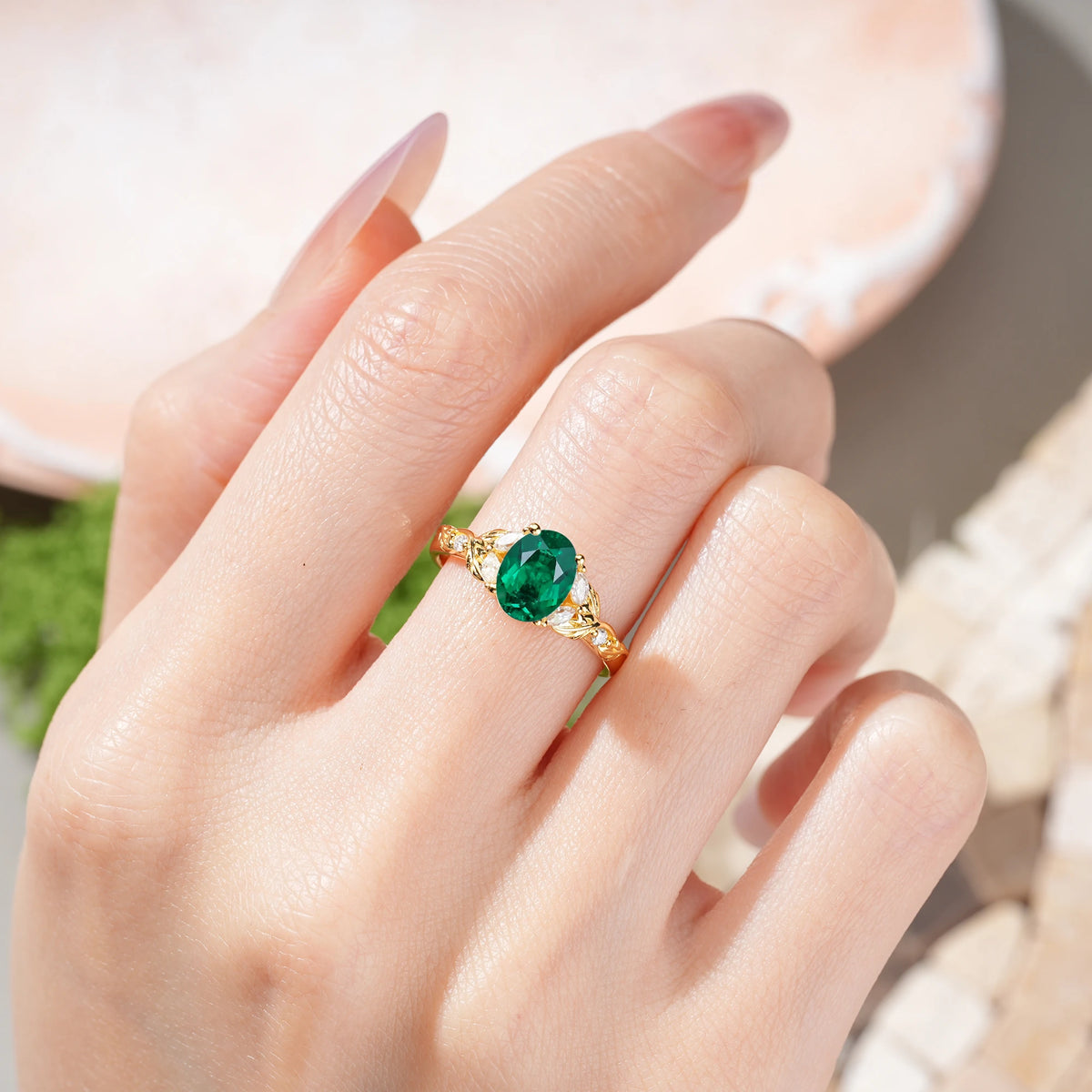 Oval Cut Emerald Botanical Leaf Vine Engagement Ring with Marquise Side Stones