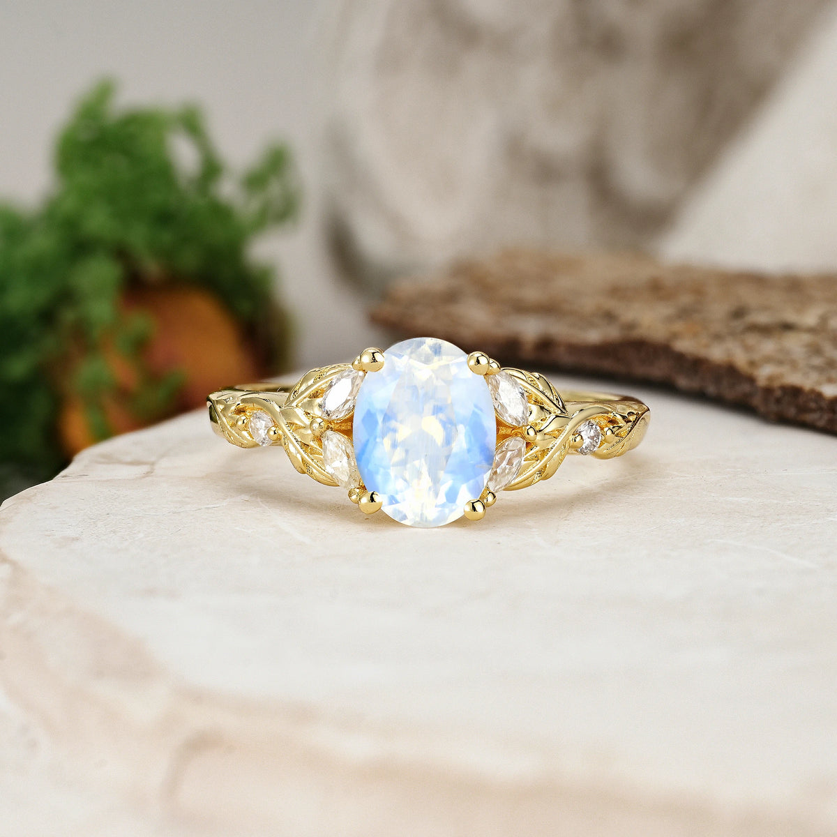 Oval Cut Moonstone Botanical Leaf Vine Engagement Ring with Marquise Side Stones