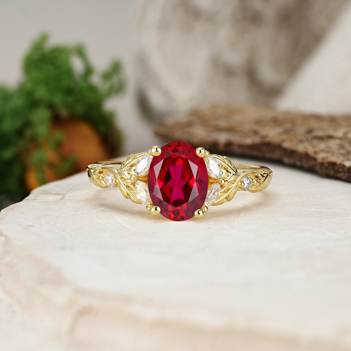 Oval Cut Ruby Botanical Leaf Vine Engagement Ring with Marquise Side Stones