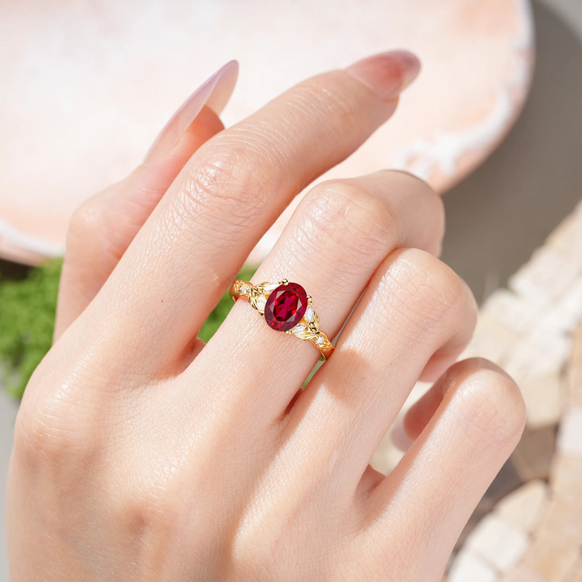 Oval Cut Ruby Botanical Leaf Vine Engagement Ring with Marquise Side Stones