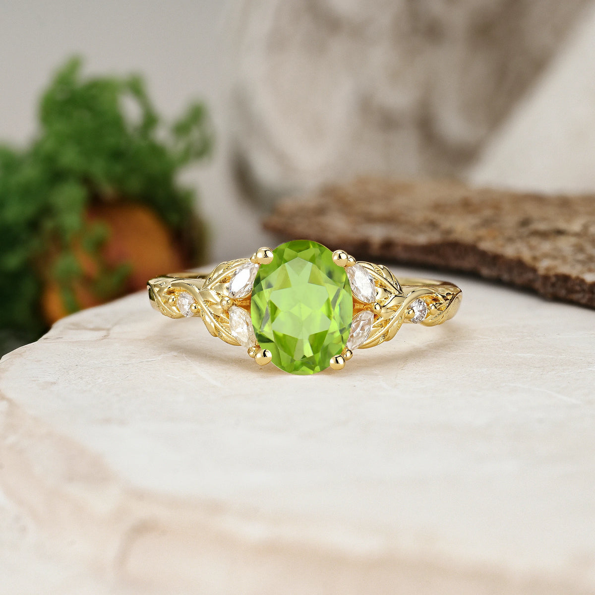 Oval Cut Peridot Botanical Leaf Vine Engagement Ring with Marquise Side Stones