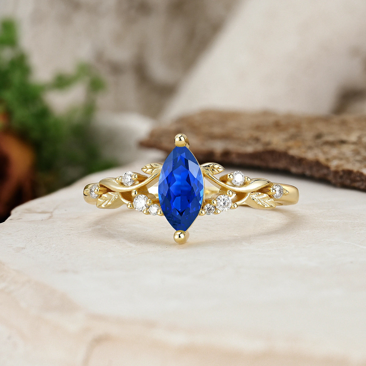Marquise Cut Sapphire Botanical Leaf Vine Engagement Ring