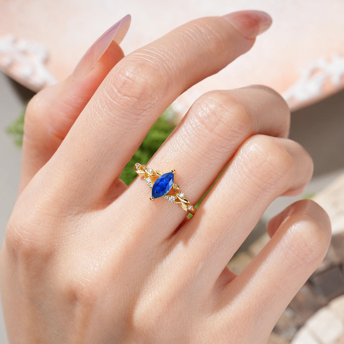 Marquise Cut Sapphire Botanical Leaf Vine Engagement Ring