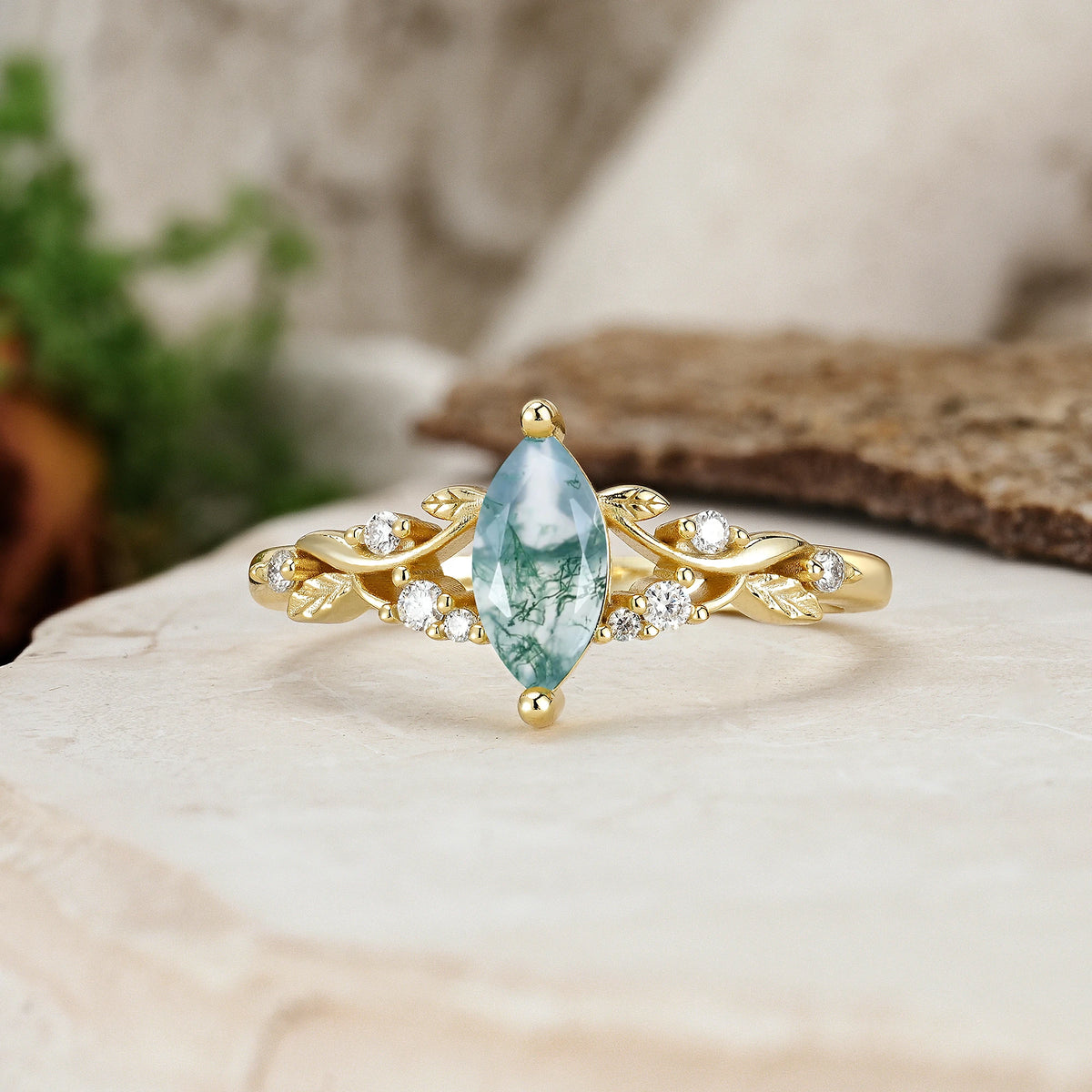 Marquise Cut Moss Agate Botanical Leaf Vine Engagement Ring