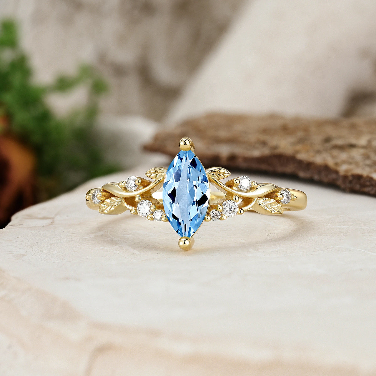 Marquise Cut Aquamarine Botanical Leaf Vine Engagement Ring