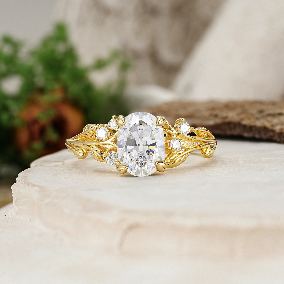 Oval Cut Moissanite Art Nouveau Leaf Vine Engagement Ring