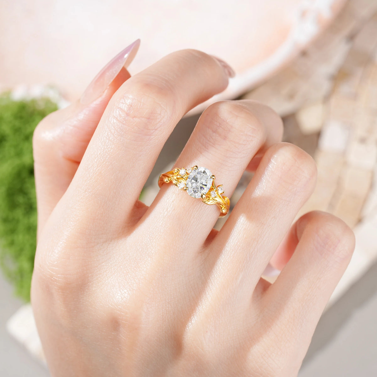 Oval Cut Moissanite Art Nouveau Leaf Vine Engagement Ring
