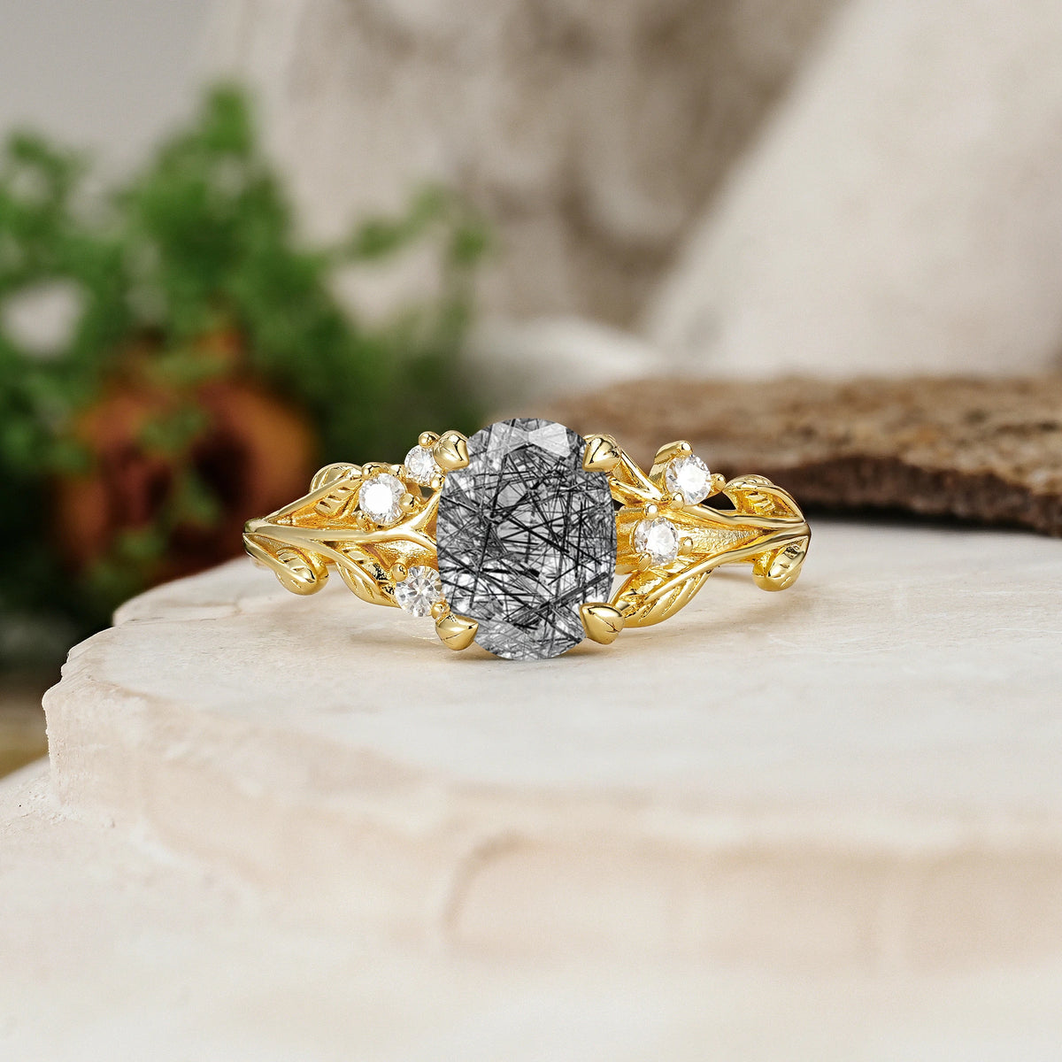 Oval Cut Black Rutilated Quartz Art Nouveau Leaf Vine Engagement Ring