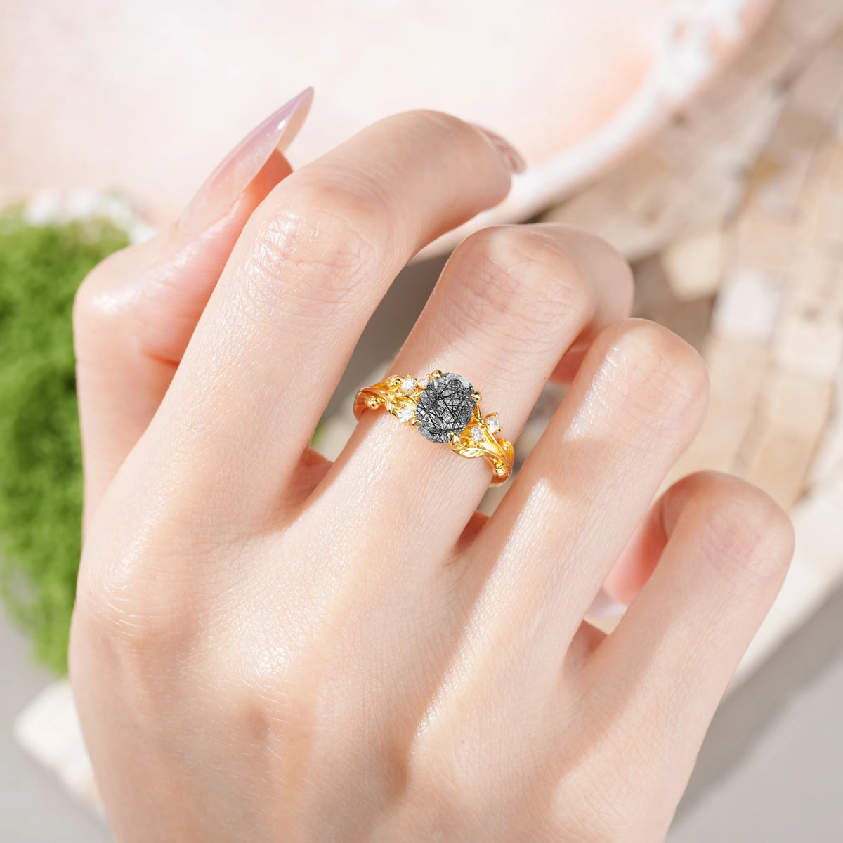 Oval Cut Black Rutilated Quartz Art Nouveau Leaf Vine Engagement Ring