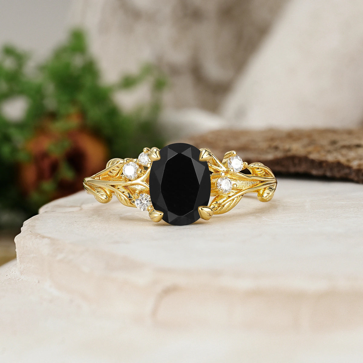 Oval Cut Black Onyx Art Nouveau Leaf Vine Engagement Ring