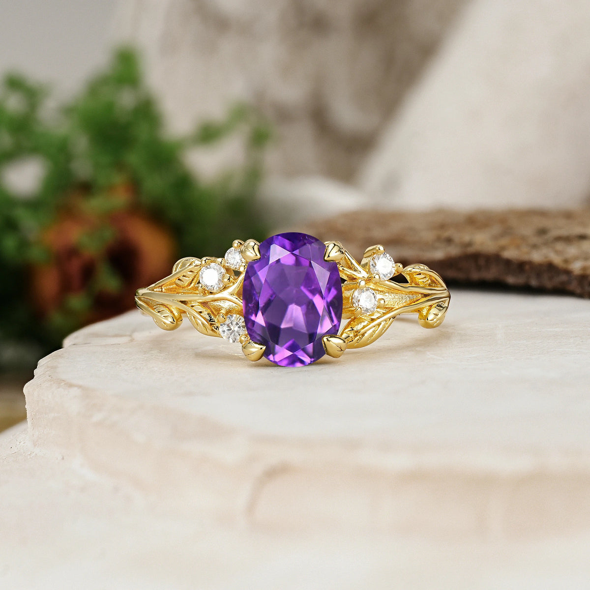 Oval Cut Amethyst Art Nouveau Leaf Vine Engagement Ring