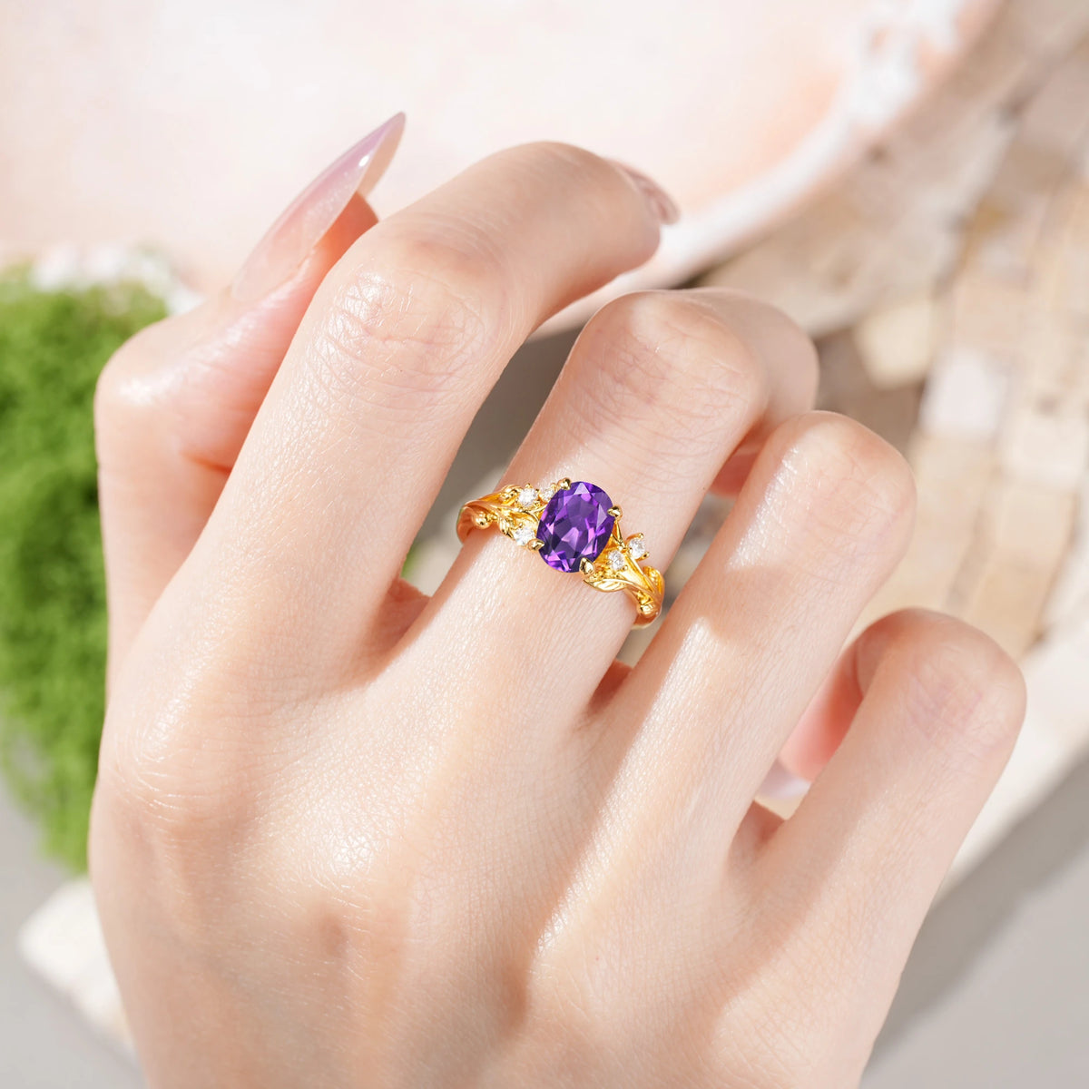 Oval Cut Amethyst Art Nouveau Leaf Vine Engagement Ring