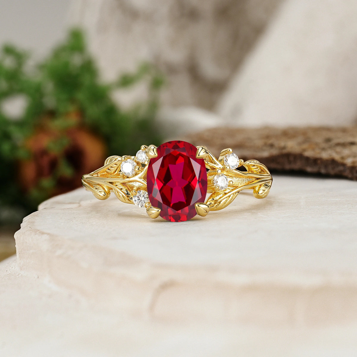 Oval Cut Ruby Art Nouveau Leaf Vine Engagement Ring