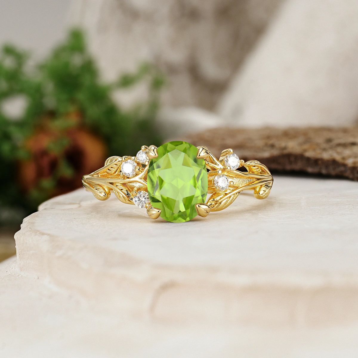 Oval Cut Peridot Art Nouveau Leaf Vine Engagement Ring