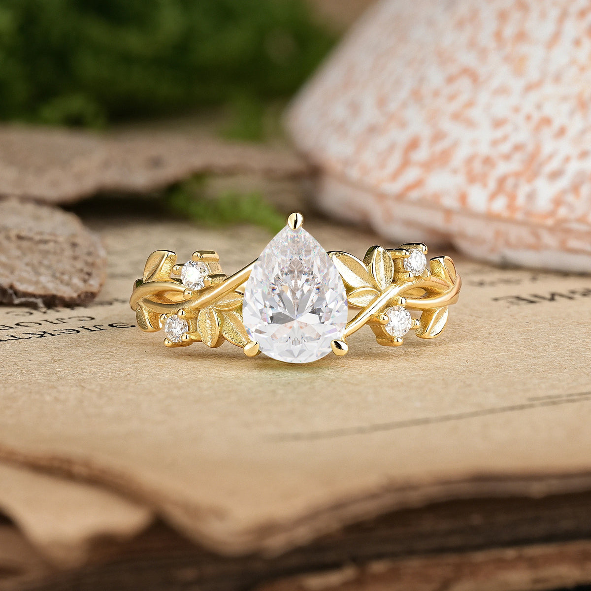 Pear Cut Moissanite Nature Inspired Leaf Engagement Ring
