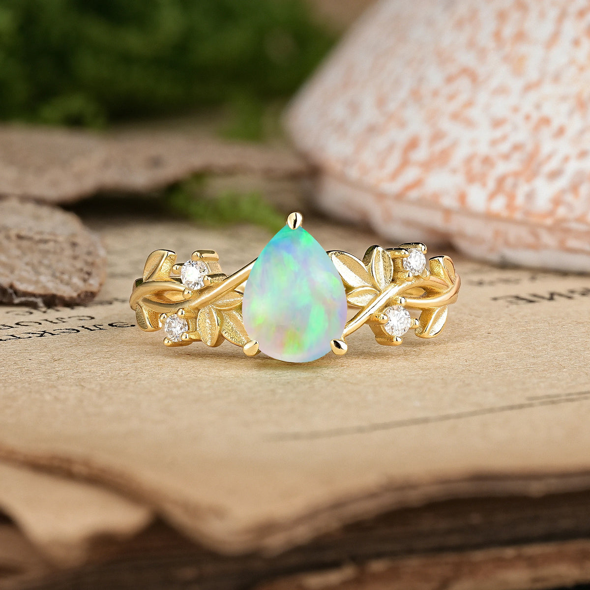 Pear Cut Fire Opal Nature Inspired Leaf Engagement Ring