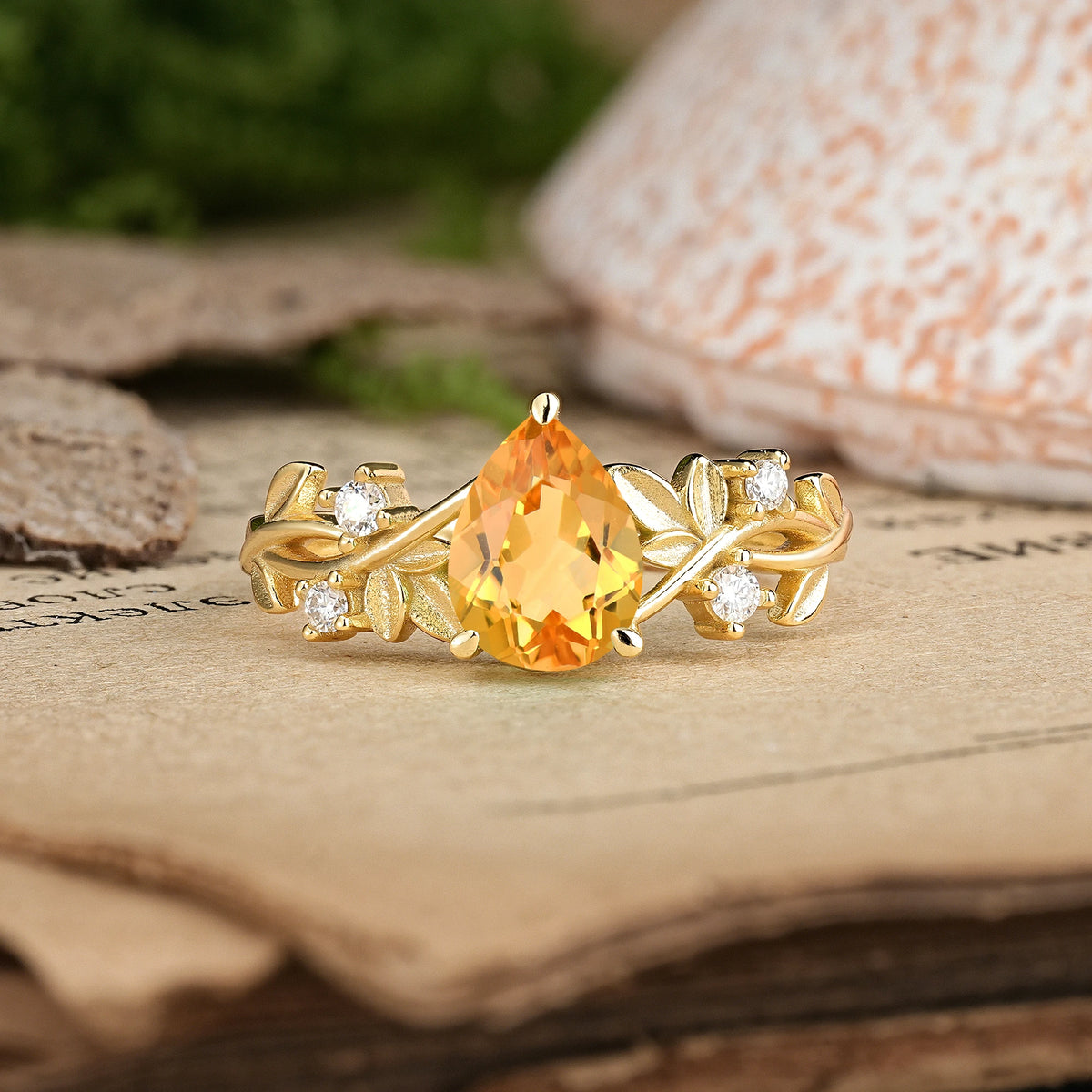 Pear Cut Citrine Nature Inspired Leaf Engagement Ring