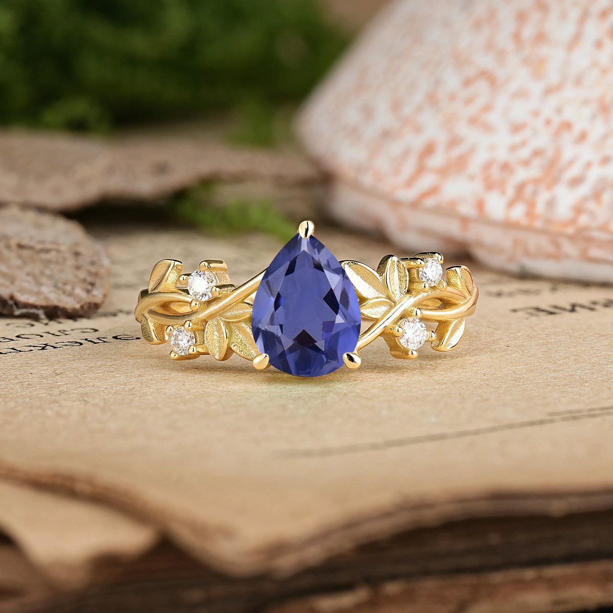Pear Cut Tanzanite Nature Inspired Leaf Engagement Ring