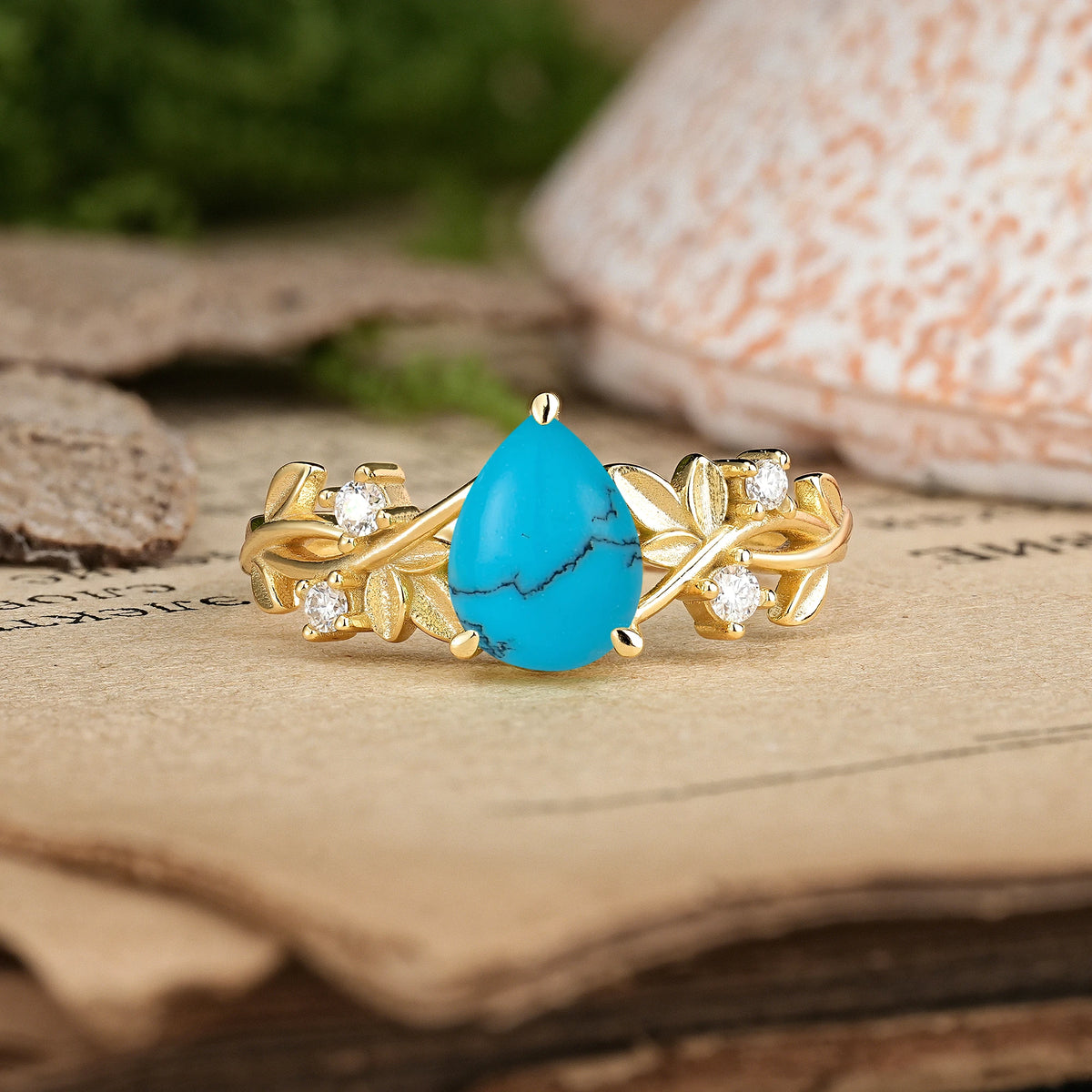 Pear Cut Turquoise Nature Inspired Leaf Engagement Ring