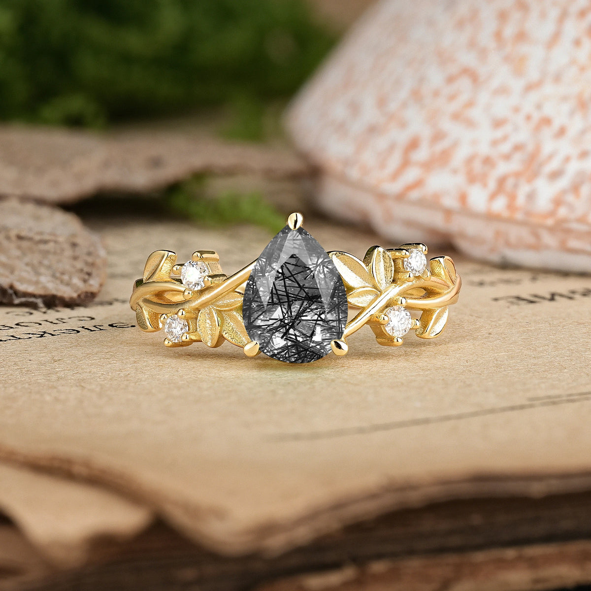Pear Cut Black Rutilated Quartz Nature Inspired Leaf Engagement Ring