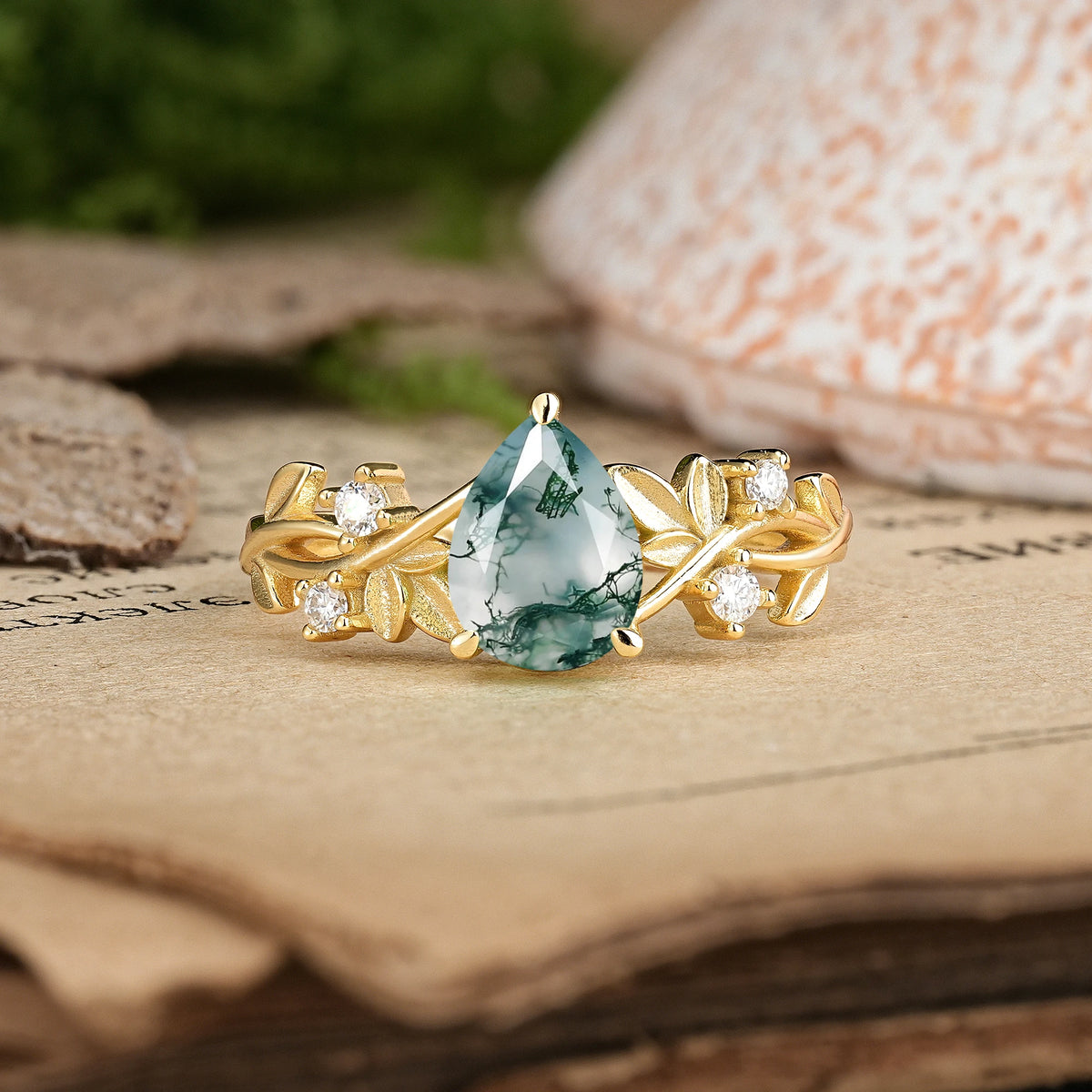 Pear Cut Moss Agate Nature Inspired Leaf Engagement Ring