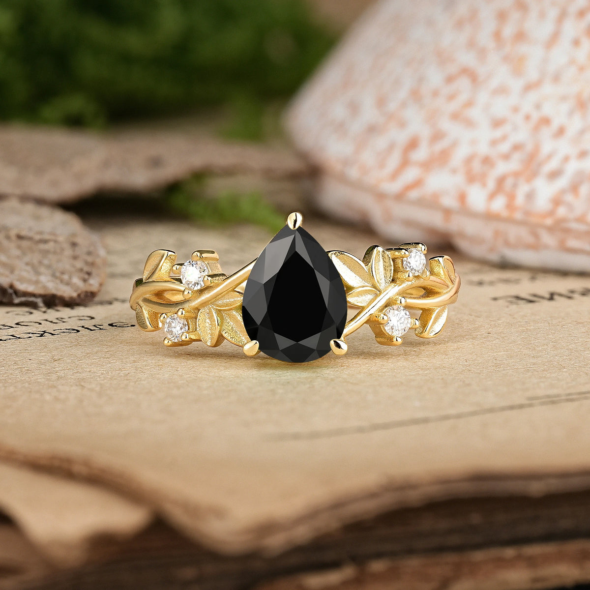 Pear Cut Black Onyx Nature Inspired Leaf Engagement Ring