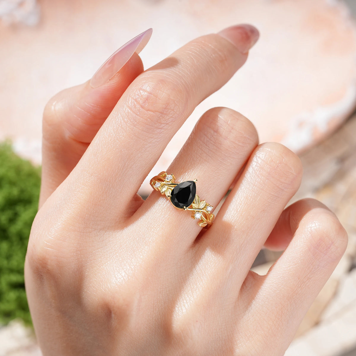 Pear Cut Black Onyx Nature Inspired Leaf Engagement Ring
