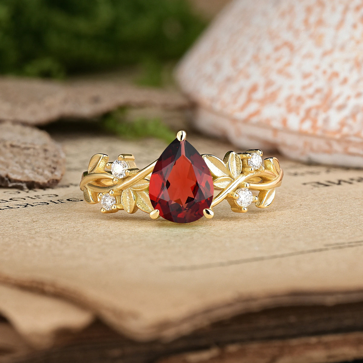 Pear Cut Garnet Nature Inspired Leaf Engagement Ring