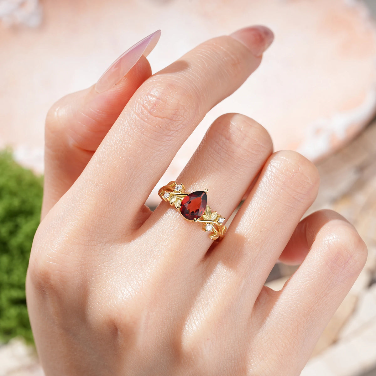 Pear Cut Garnet Nature Inspired Leaf Engagement Ring