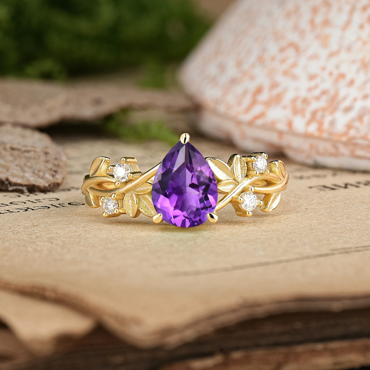 Pear Cut Amethyst Nature Inspired Leaf Engagement Ring