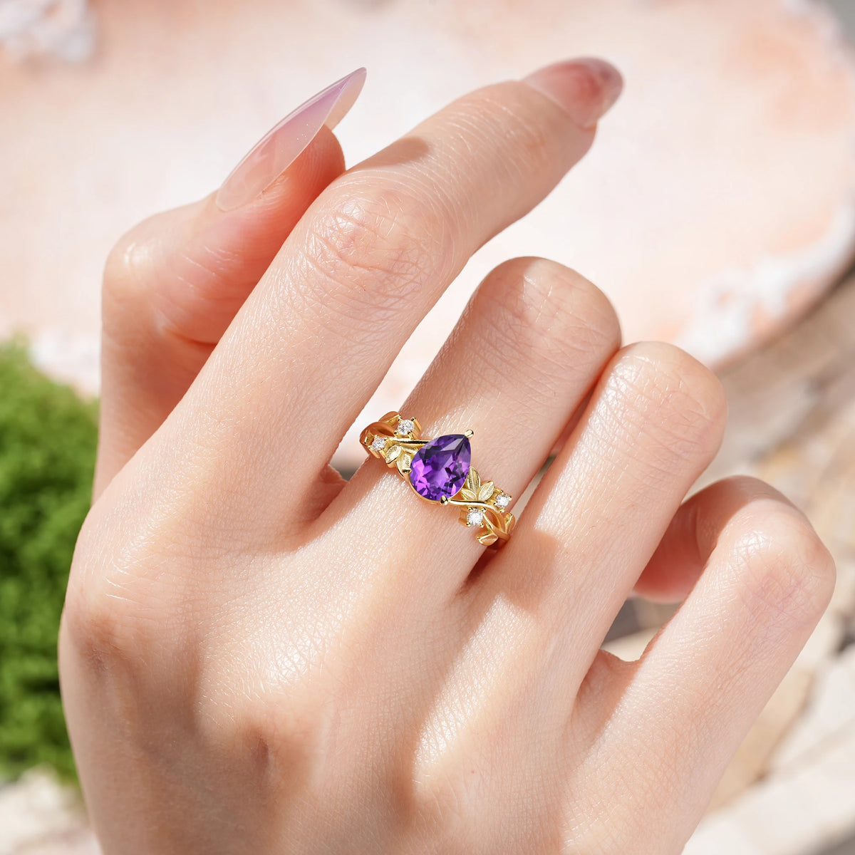 Pear Cut Amethyst Nature Inspired Leaf Engagement Ring