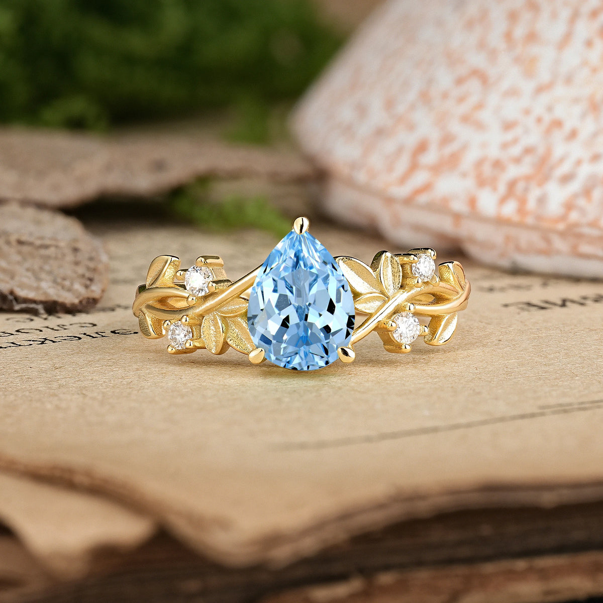 Pear Cut Aquamarine Nature Inspired Leaf Engagement Ring