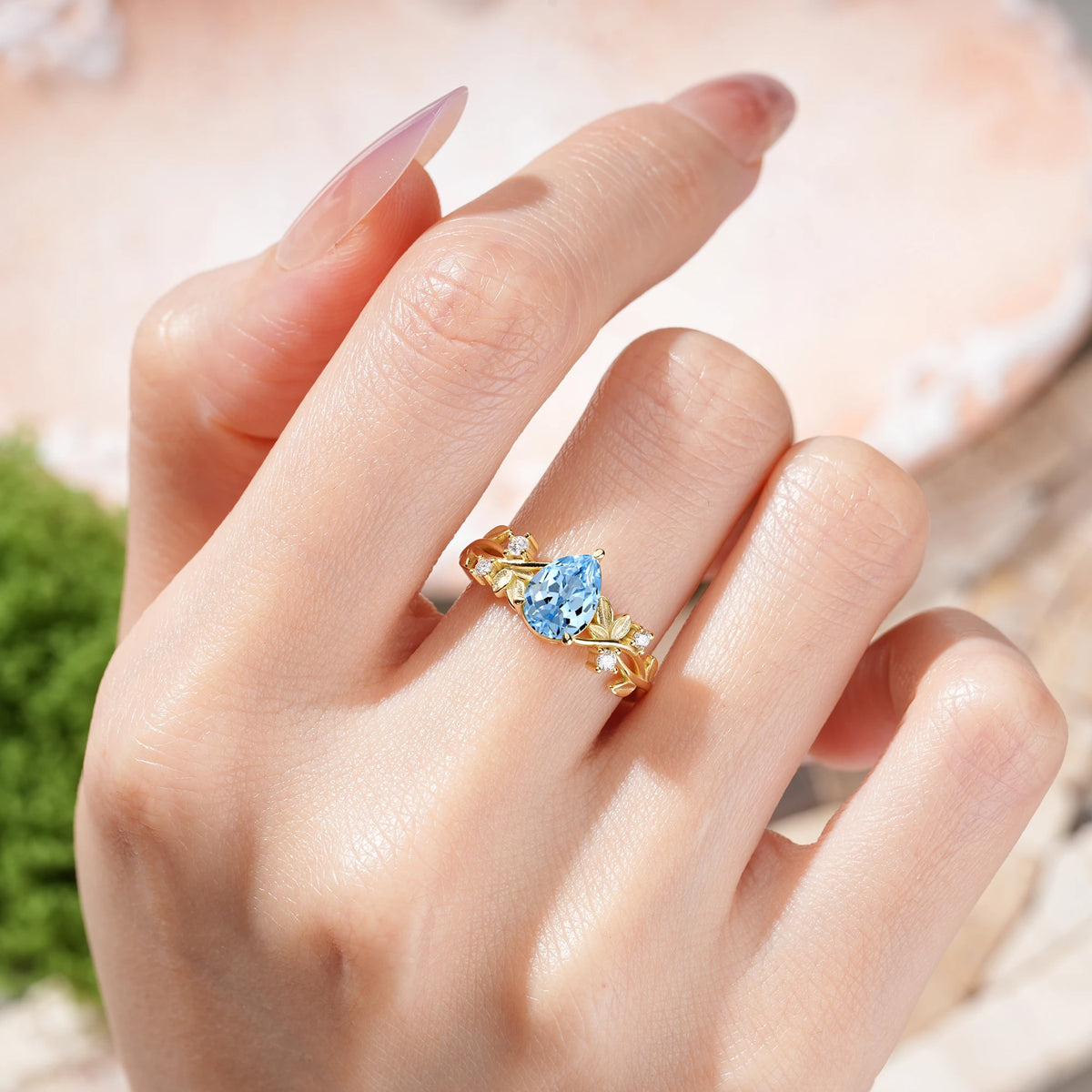 Pear Cut Aquamarine Nature Inspired Leaf Engagement Ring