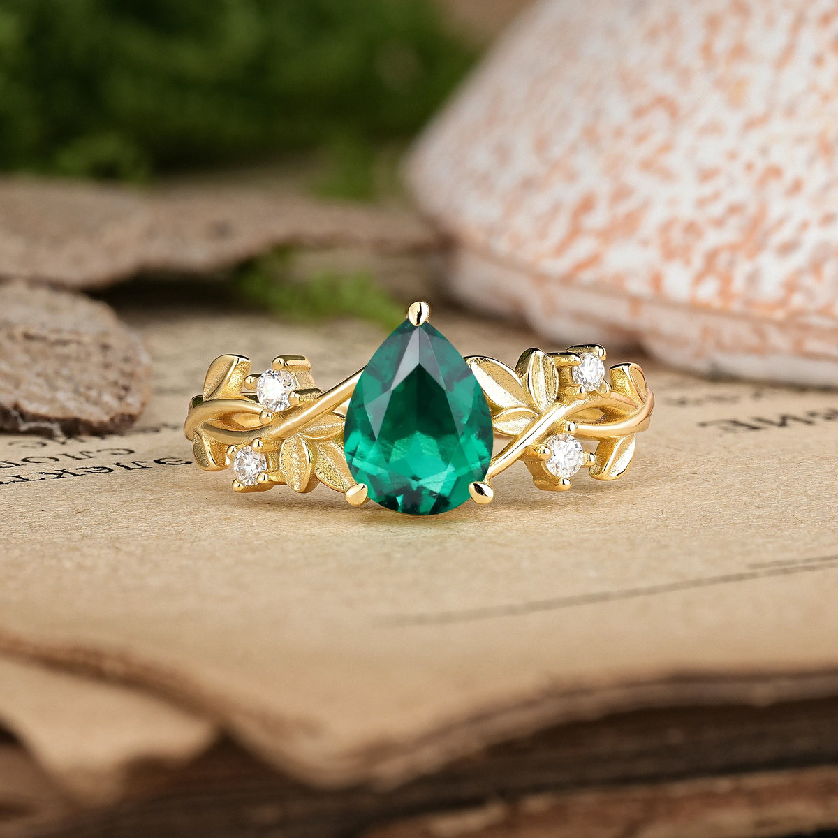 Pear Cut Emerald Nature Inspired Leaf Engagement Ring
