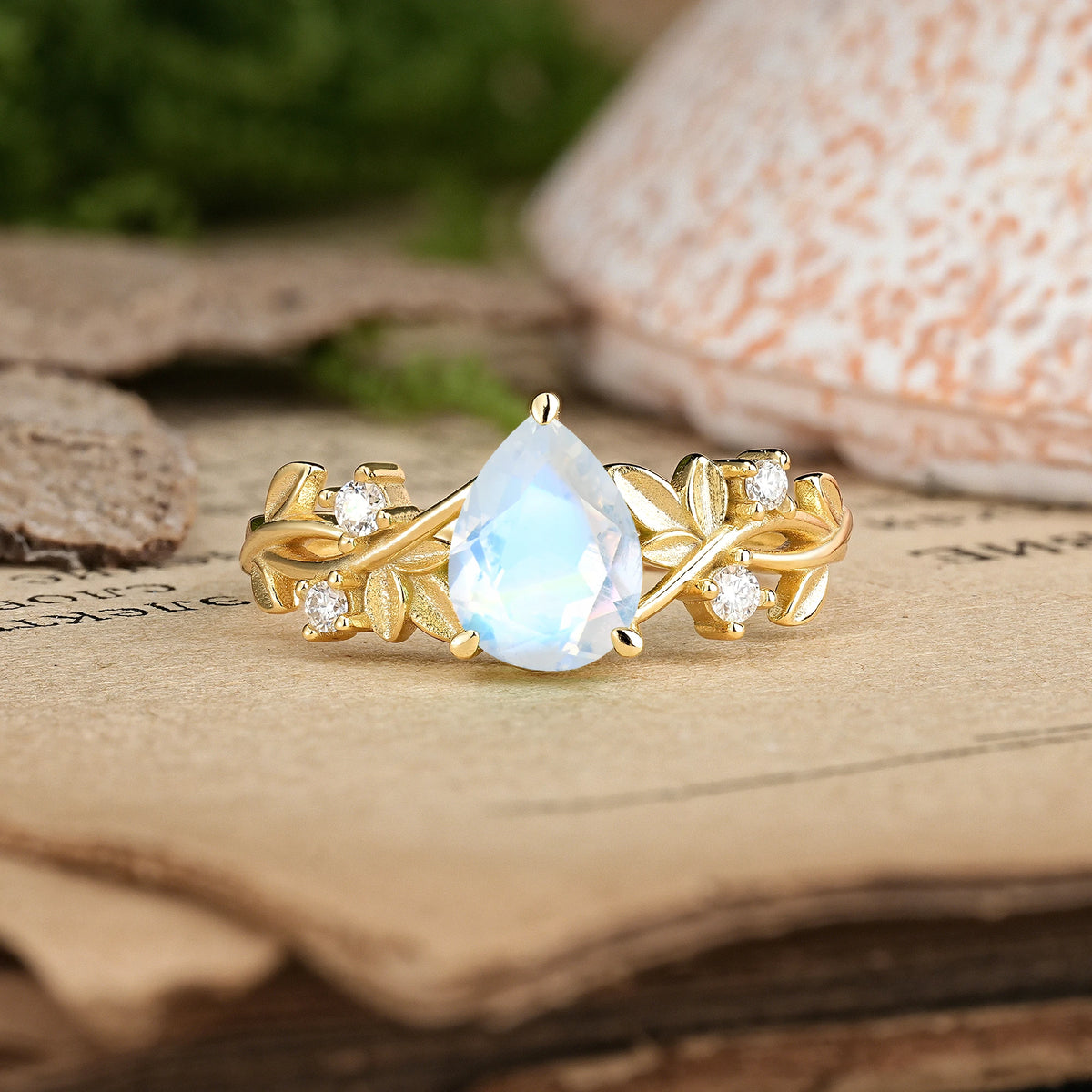 Pear Cut Moonstone Nature Inspired Leaf Engagement Ring