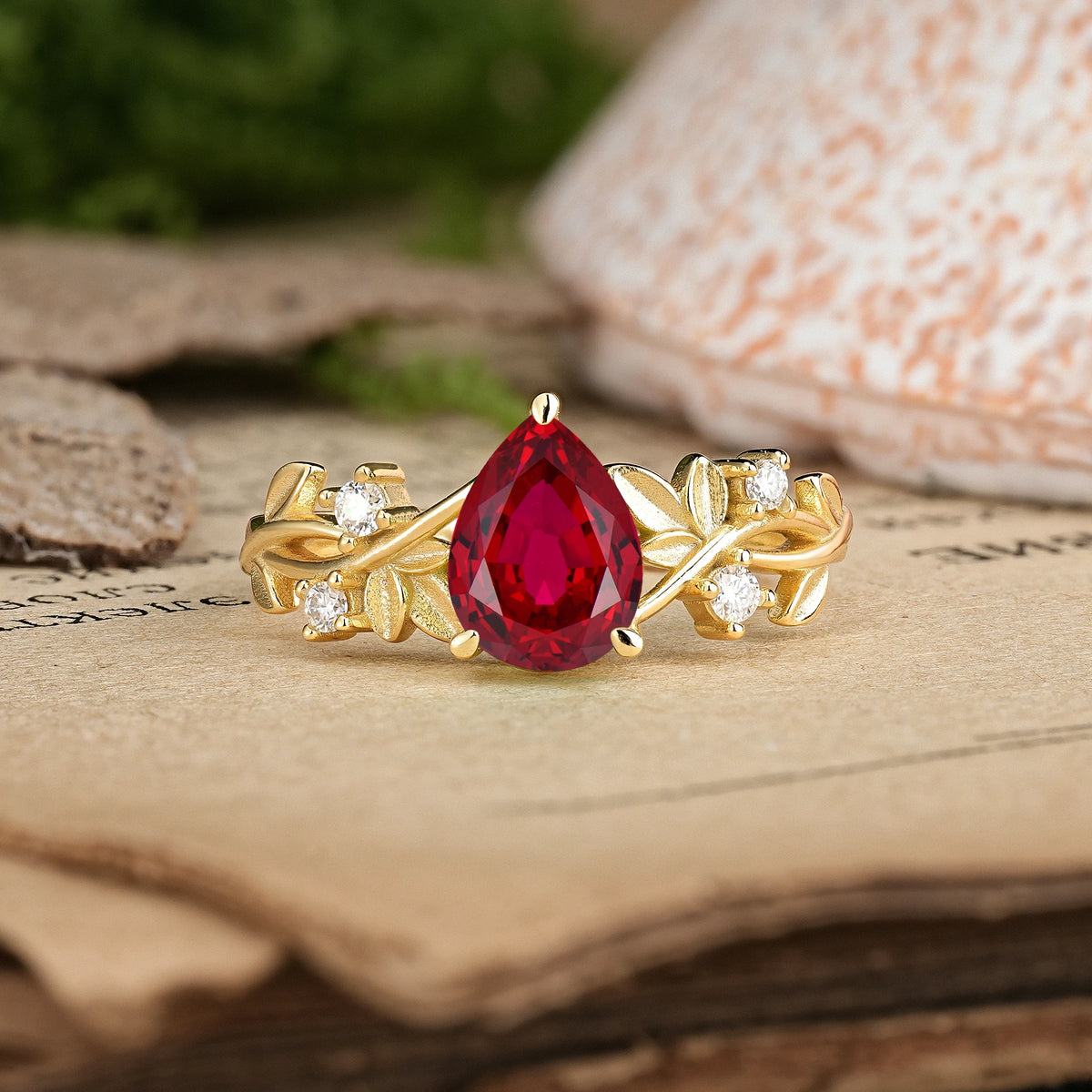 Pear Cut Ruby Nature Inspired Leaf Engagement Ring