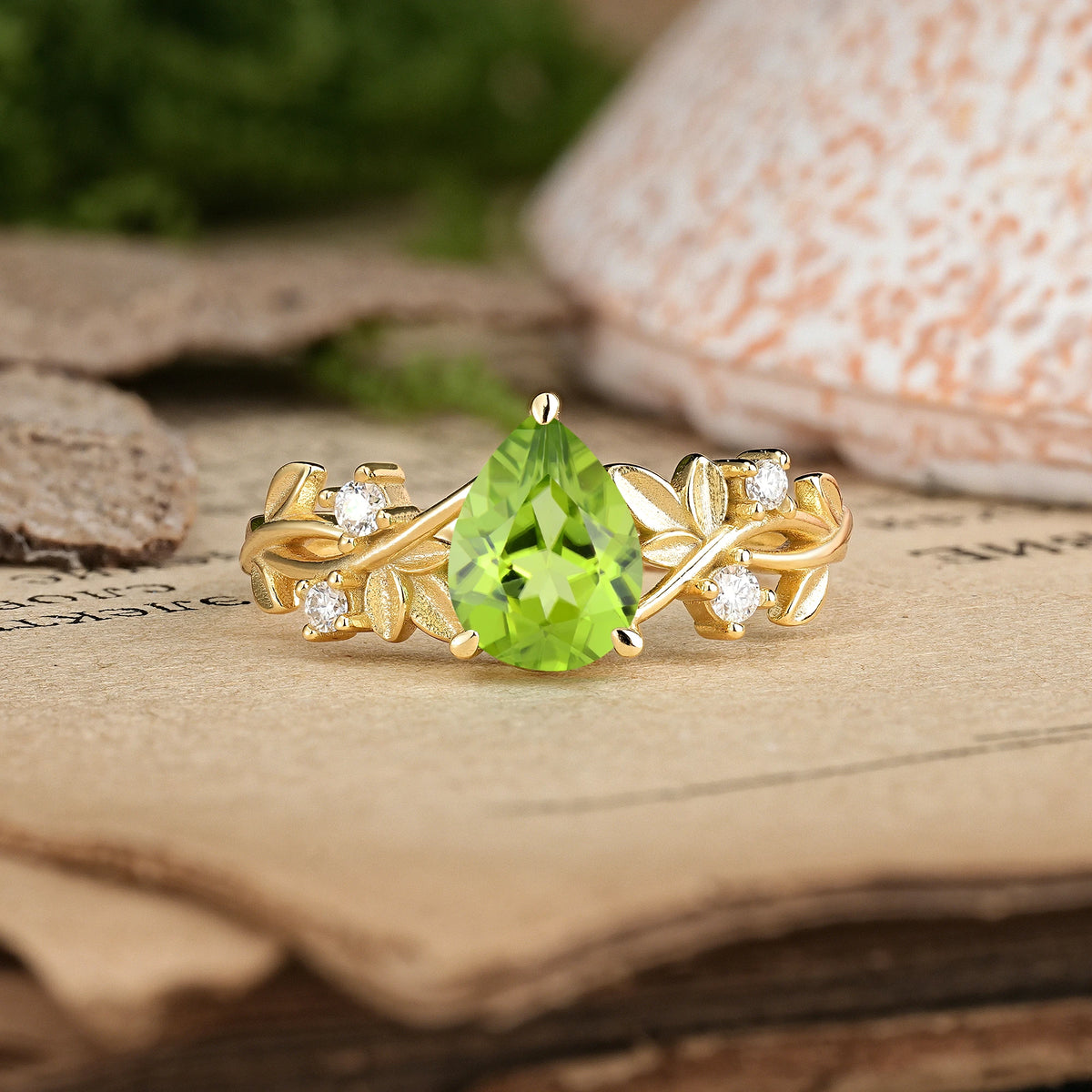 Pear Cut Peridot Nature Inspired Leaf Engagement Ring