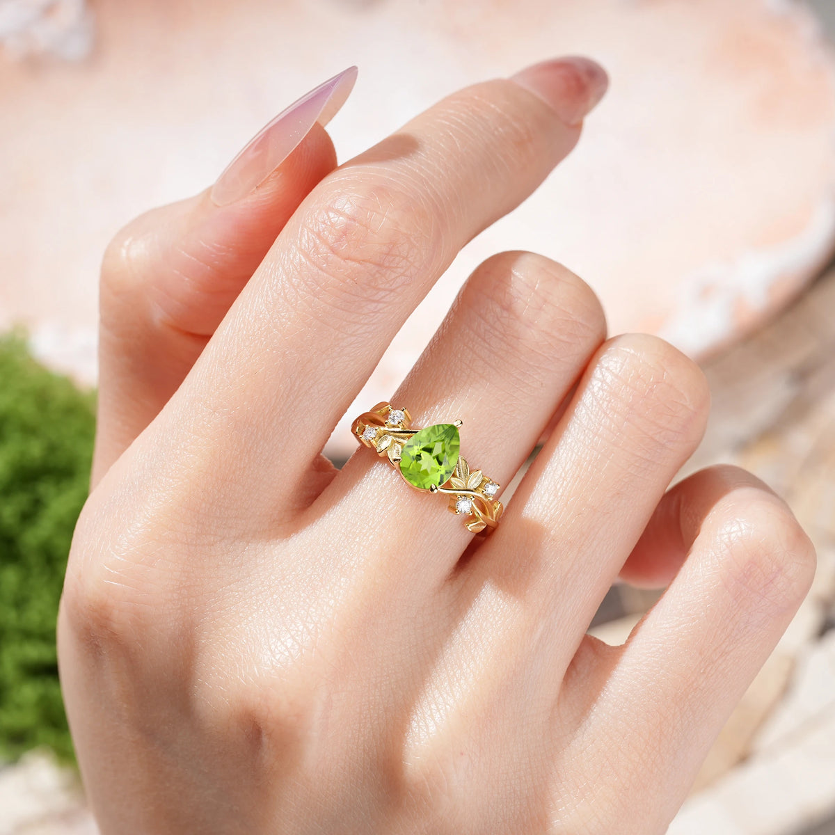 Pear Cut Peridot Nature Inspired Leaf Engagement Ring
