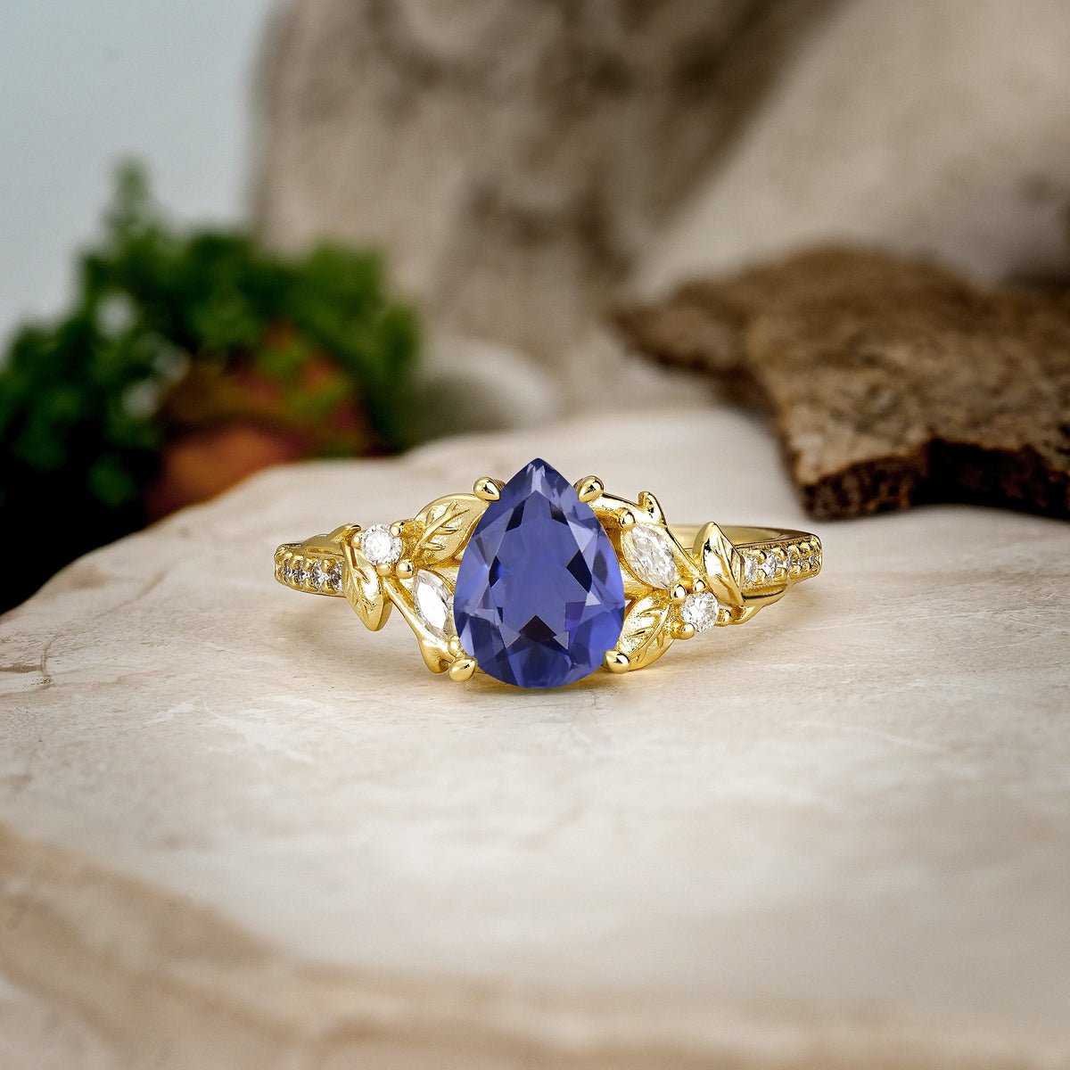 Pear Cut Tanzanite Botanical Leaf Vine Pavé Engagement Ring
