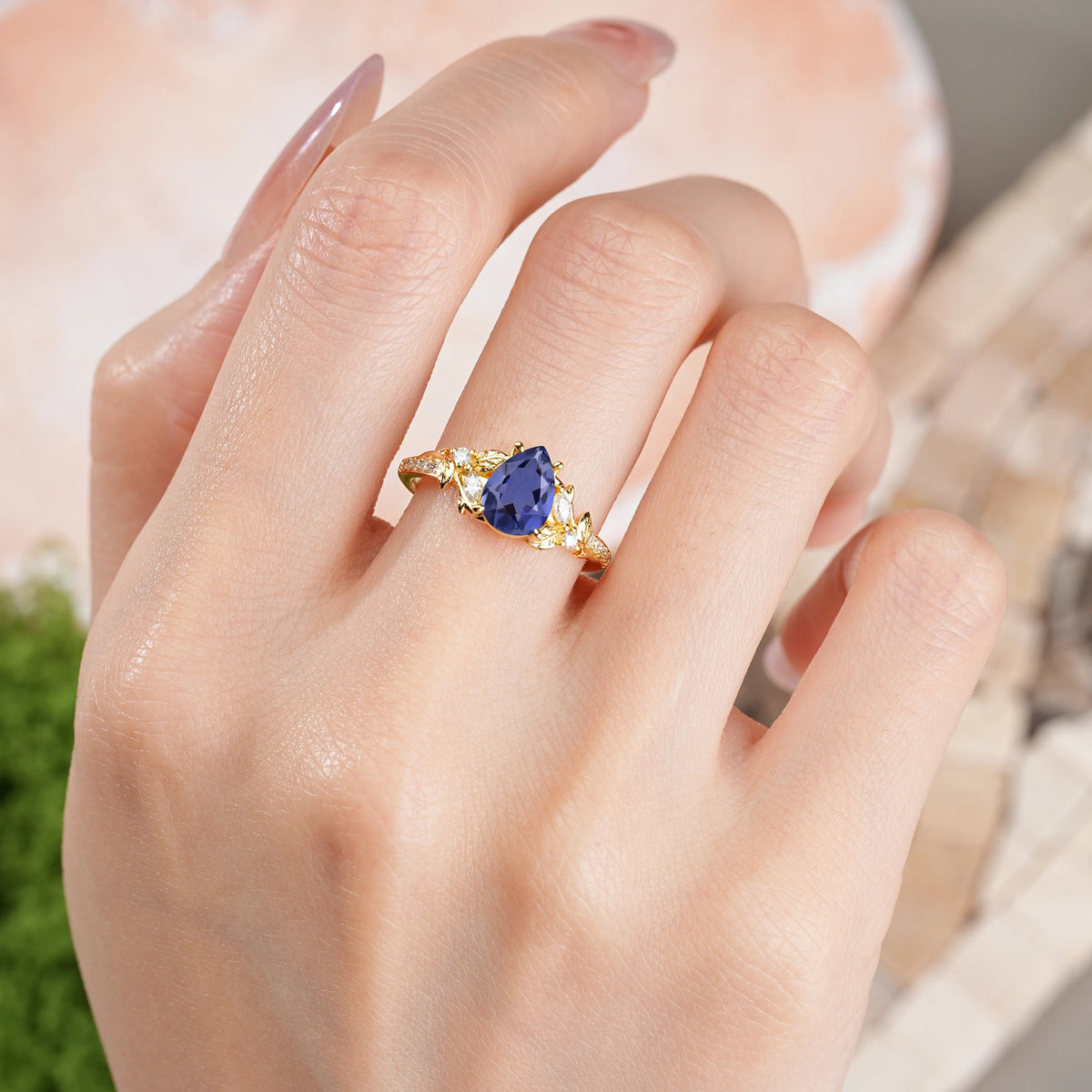 Pear Cut Tanzanite Botanical Leaf Vine Pavé Engagement Ring