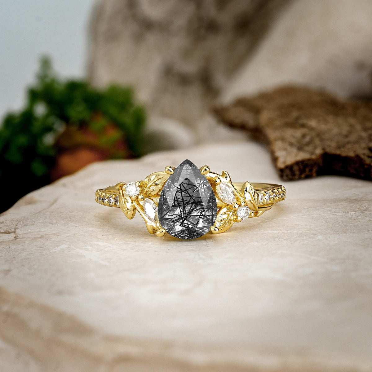 Pear Cut Black Rutilated Quartz Botanical Leaf Vine Pavé Engagement Ring
